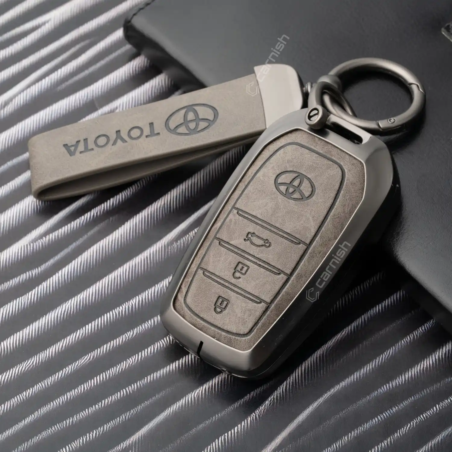 Metal Leather Grey Key Cover For Toyota: Innova, Fortuner, Legender, Land Cruiser, 3 button smart key.