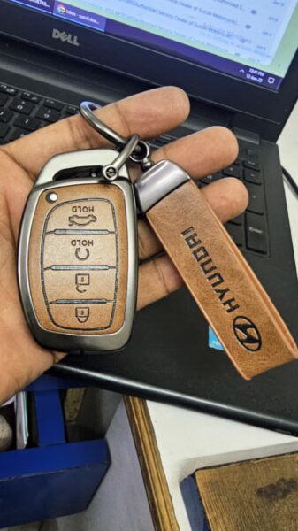 Metal Leather Brown Key Cover For Hyundai: Alcazar, Creta 2021 onwards 4 button smart key
