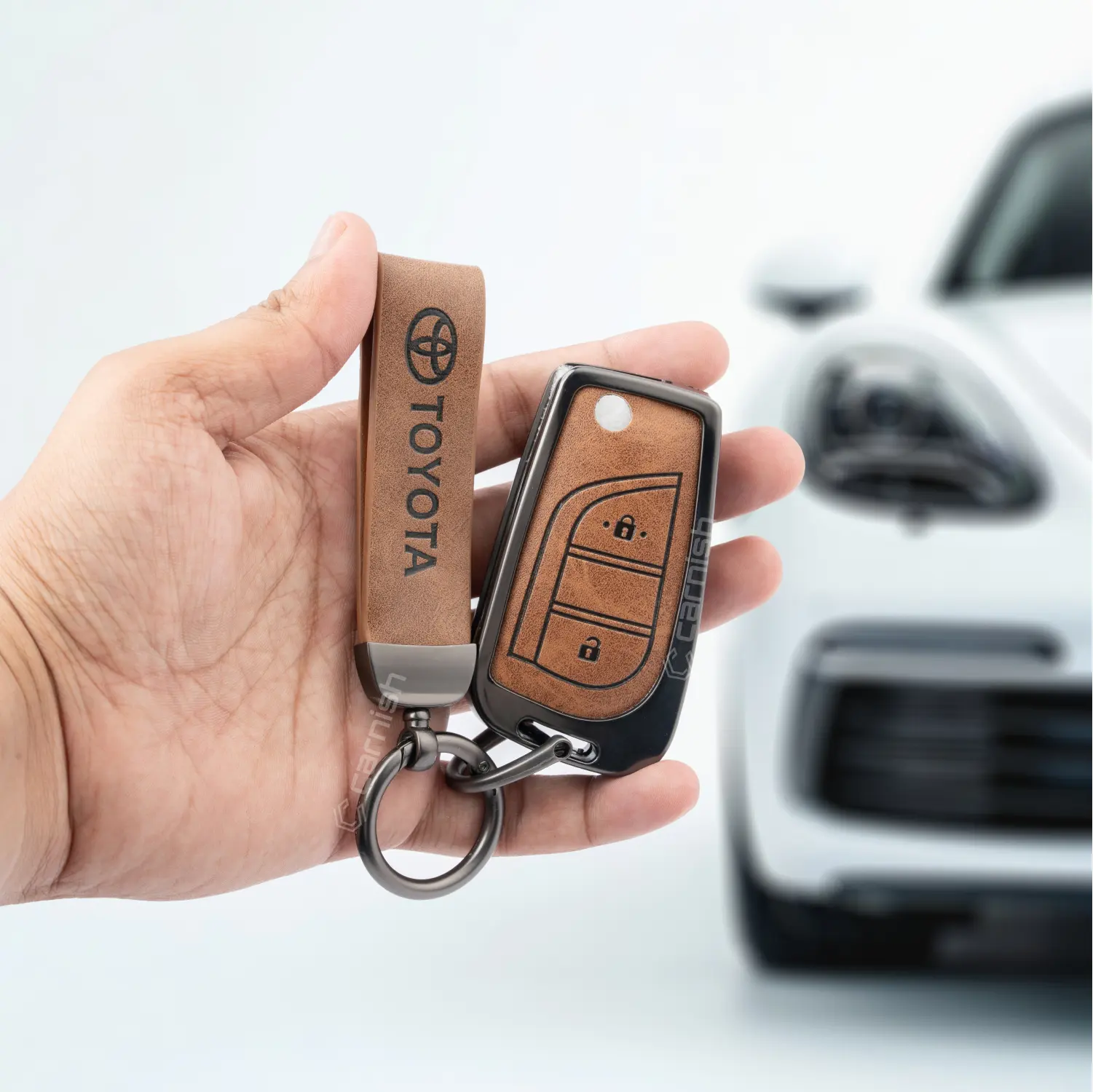 Metal Leather Brown Car Key Cover For Toyota: Innova Crysta, Corolla Altis 3 Button Flip Key.