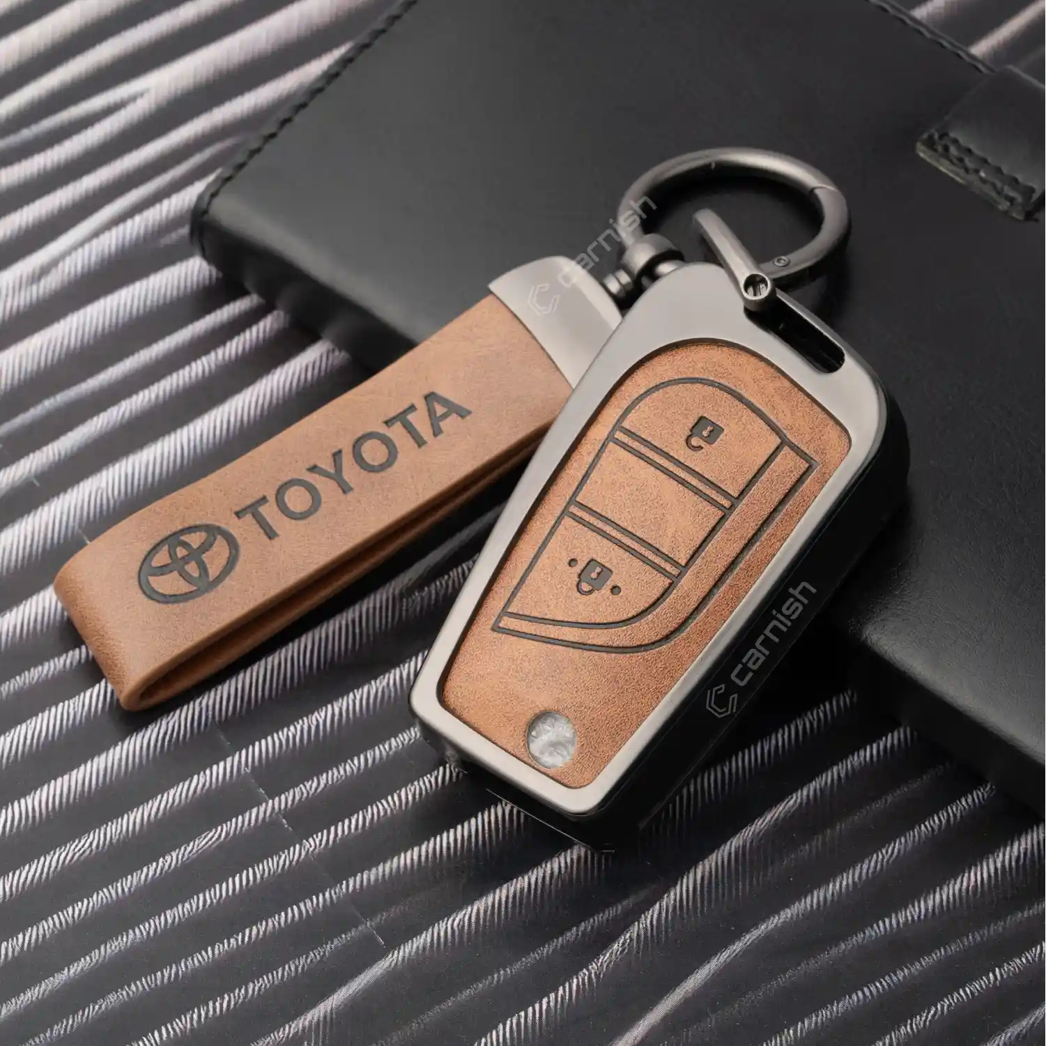Metal Leather Brown Car Key Cover For Toyota: Innova Crysta, Corolla Altis 3 Button Flip Key.