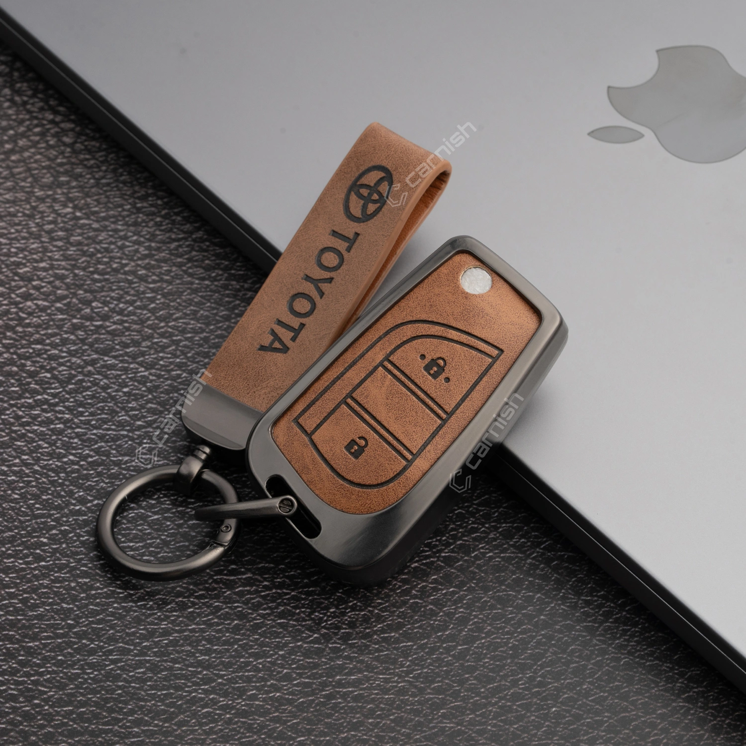 Metal Leather Brown Car Key Cover For Toyota: Innova Crysta, Corolla Altis 3 Button Flip Key.