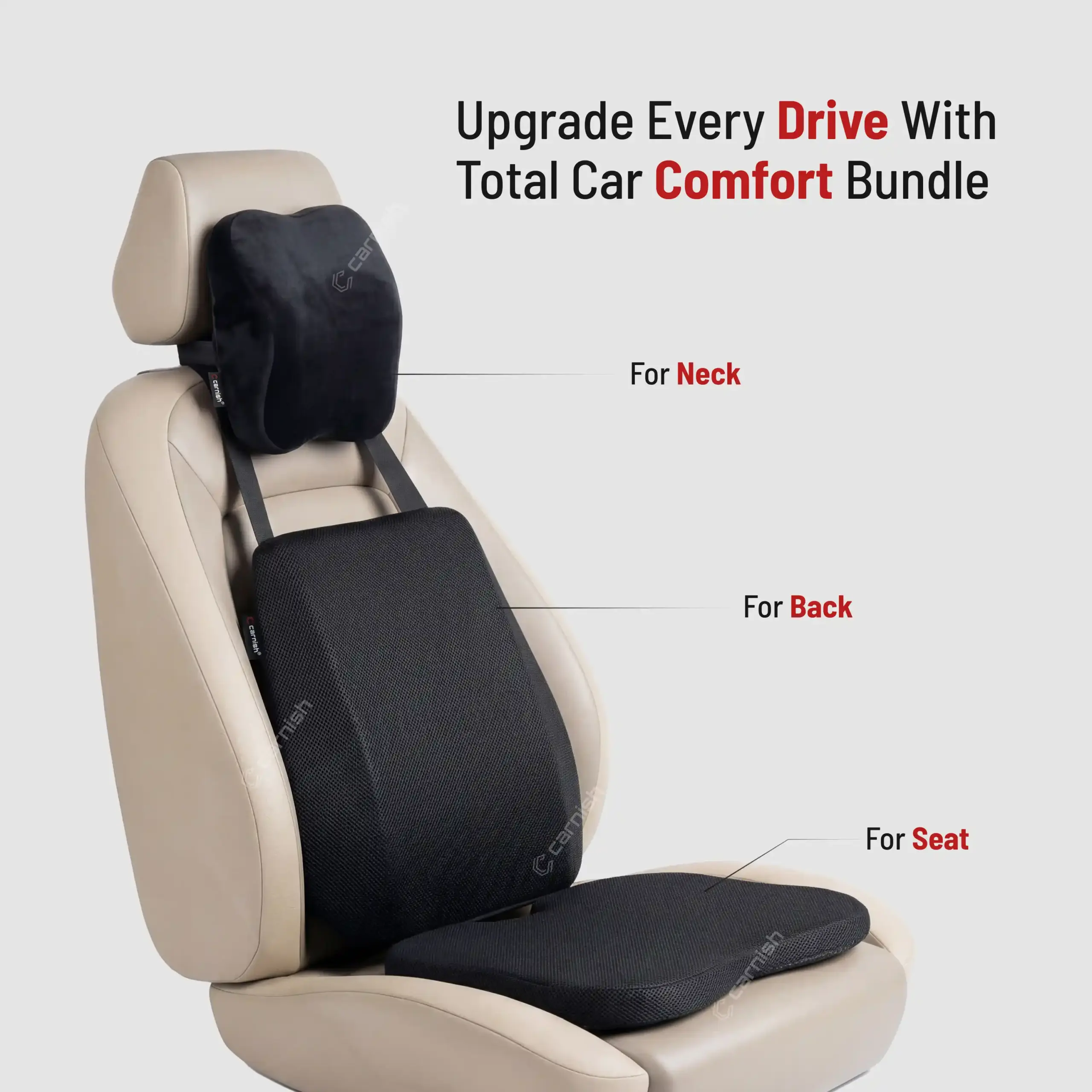Carnish Ultimate Car Comfort Bundle - Car Neck Rest, Lumbar Back Support, Seat Cushion