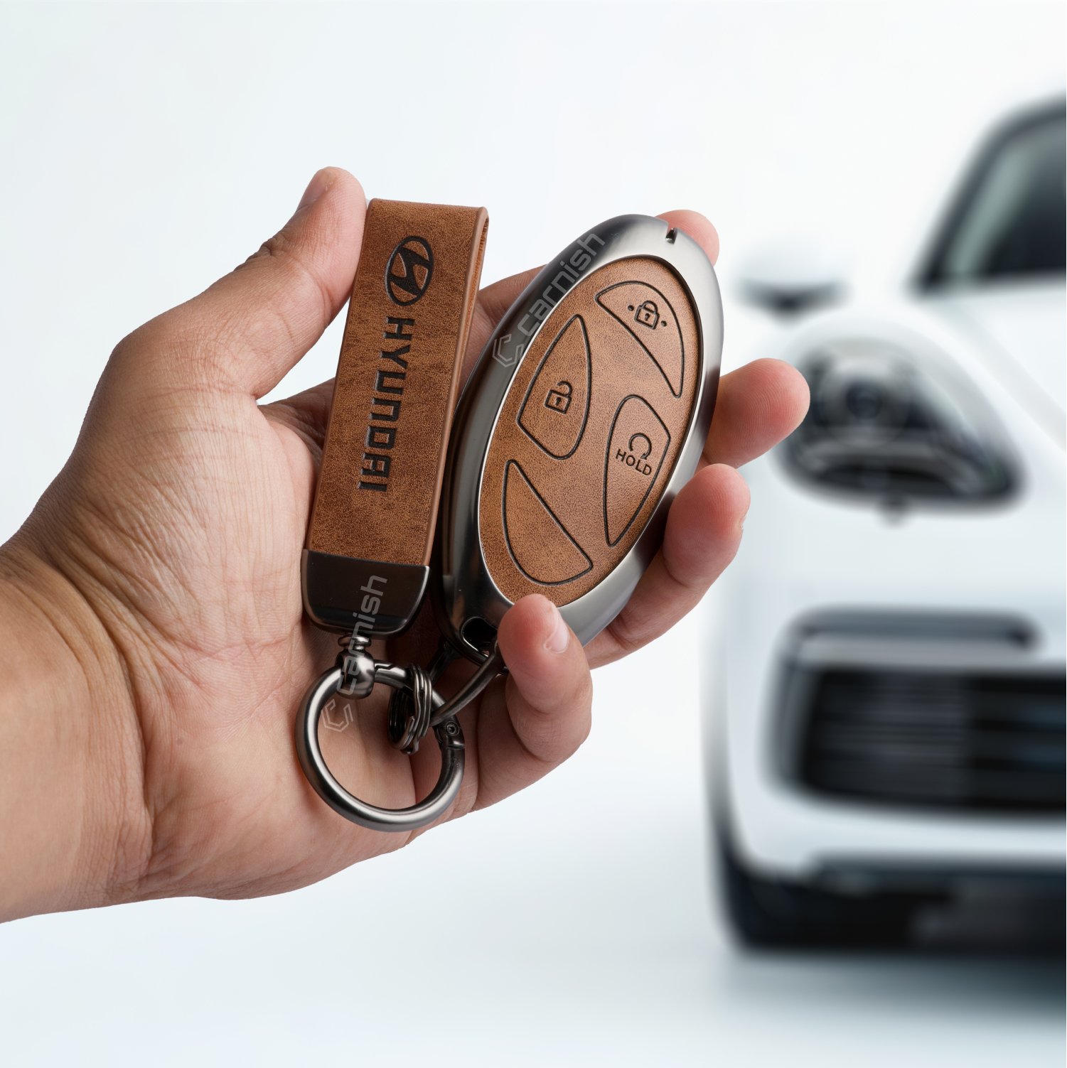 HY21-MTL-BROWN-02 Metal Leather Brown Car Key Cover For Hyundai Venue 2026 3-Button Smart Key