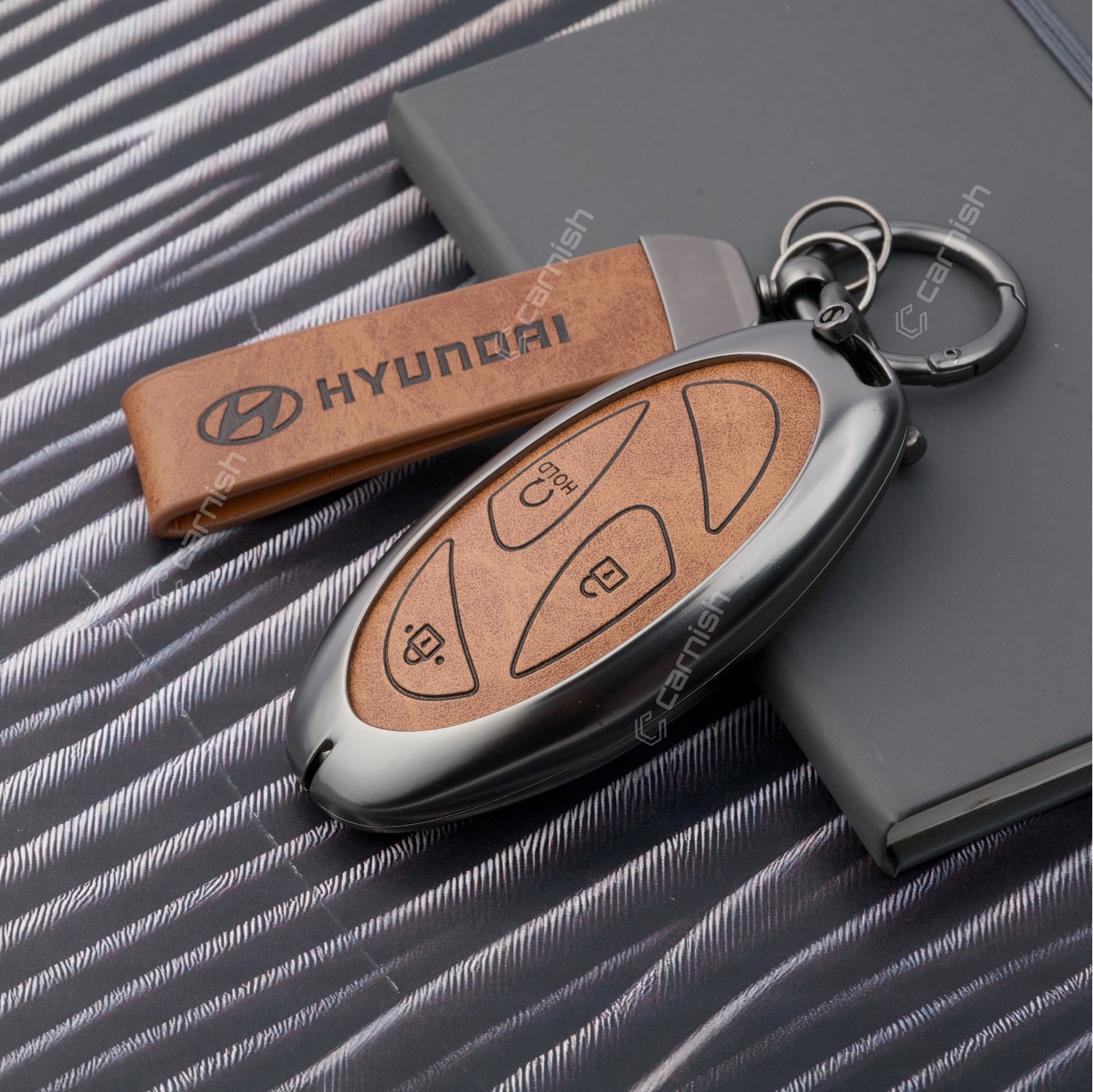 HY21-MTL-BROWN-04 Metal Leather Brown Car Key Cover For Hyundai Venue 2026 3-Button Smart Key